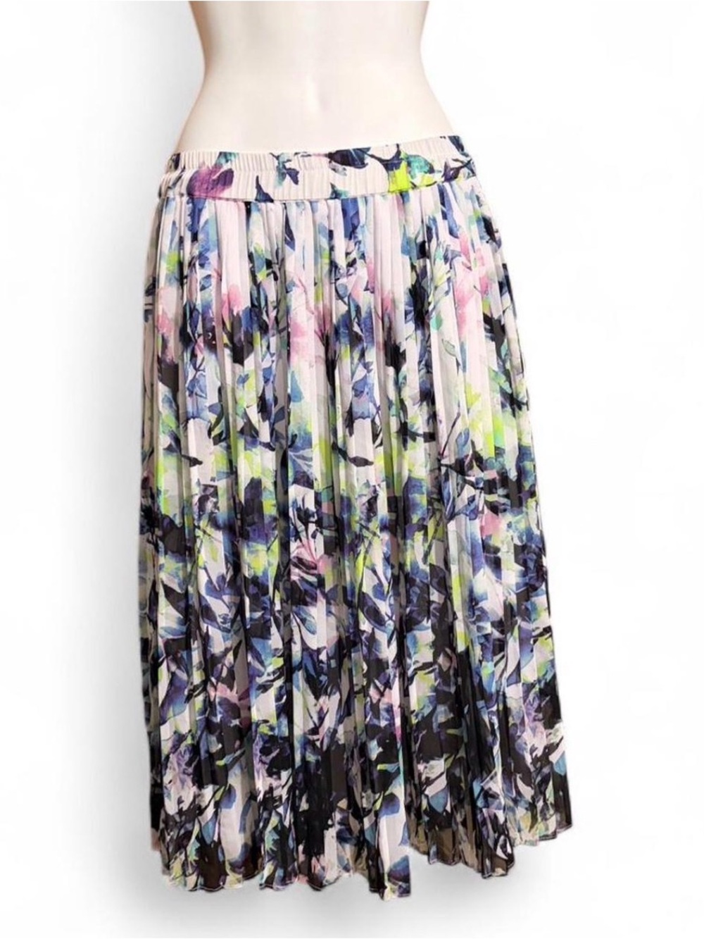 Liz Claiborne Pleated Floral Midi Skirt in Pastel Pink, Blue & Lime